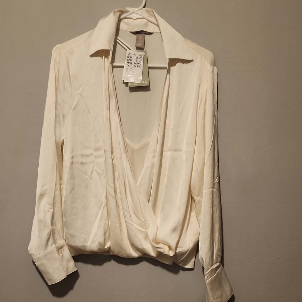 H&M Cream Wrap Blouse with Relaxed Fit and Notched Collar